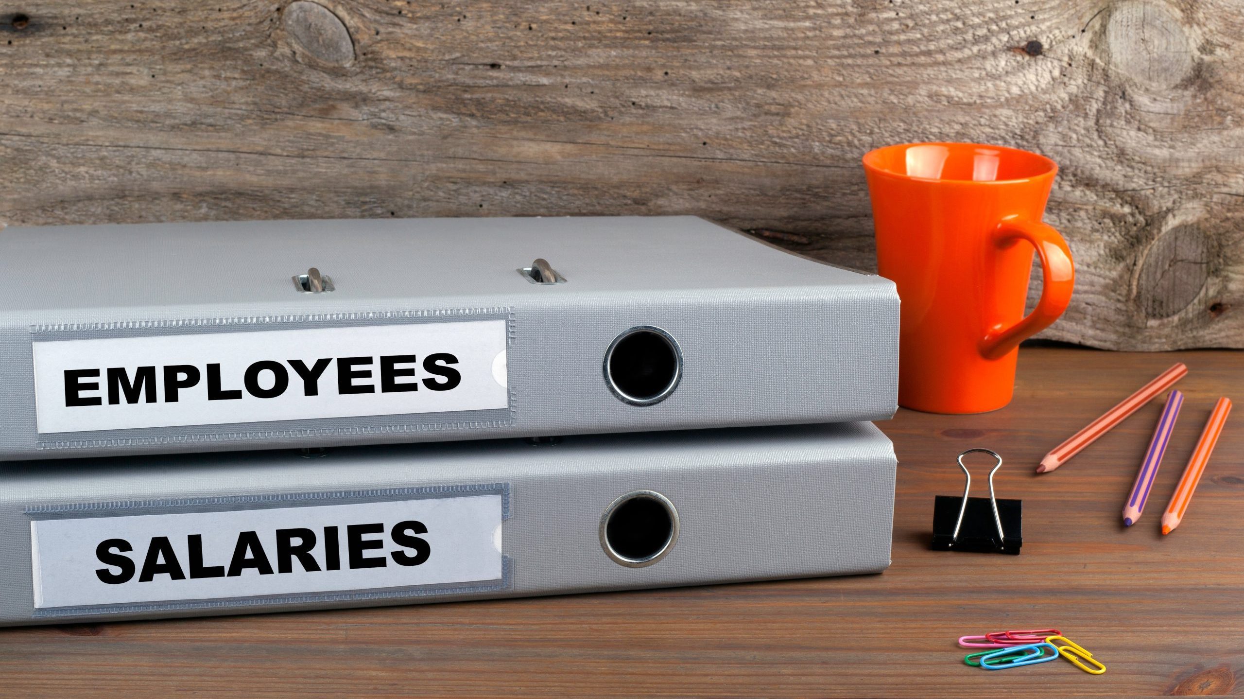 Employees and Salaries - two folders on wooden office desk